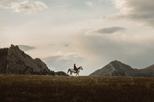 конь с наездником на поле посреди гор 