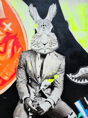 граффити на бетонной стене, кролик в костюме 