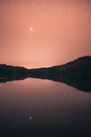 Звезды в озере, отражение заката и черного леса