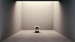 3d визуализированный серебристый металлический шар в зале со светом сверху