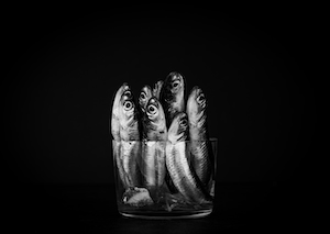 сушеная серебряная рыба в стакане на черном фоне 