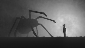 силуэт маленького человека и большого паука в тумане 