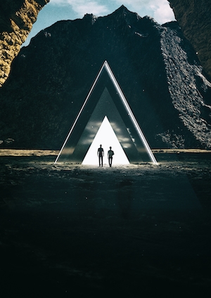 два человека, треугольный портал, рисунок, природа, горы 