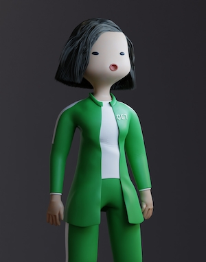 мультяшный персонаж девушки в зеленом костюме на сером фоне 