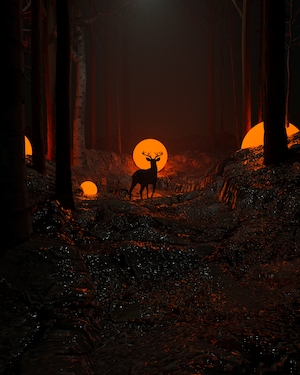 силуэт оленя на фоне оранжевого фонаря в лесу 