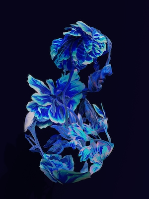 силуэт человека из синих цветов и растений, 3D-модель на черном фоне 