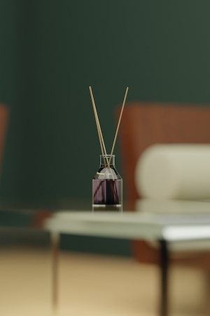 3D-визуализация домашнего аромата с ароматом лаванды на стеклянном столе