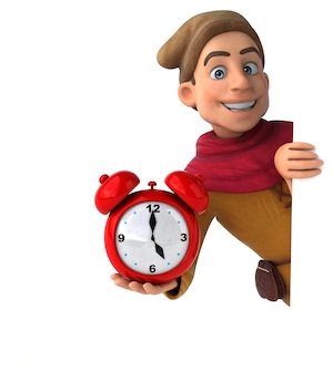 мультяшный персонаж держит в руке красные часы-будильник 