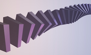 3D вертушка, состоящая из блоков с розовыми и голубыми световыми эффектами.