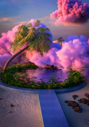 3D-визуализация оазиса, бассейн, пальма и розовые облака 