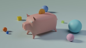 Копилка свинка с долларовой монетой и случайными предметами